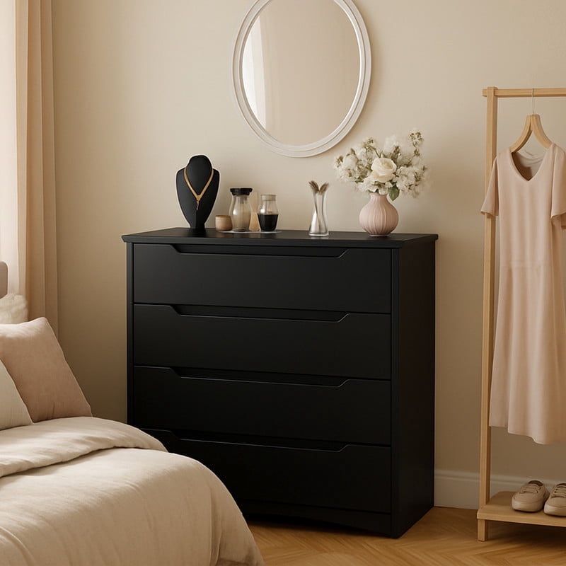 4-Drawer Dresser, Wood Chest of Drawers with Anti-Tip Safety Device & Cut-Out Handles for Bedroom & Living Room, Black