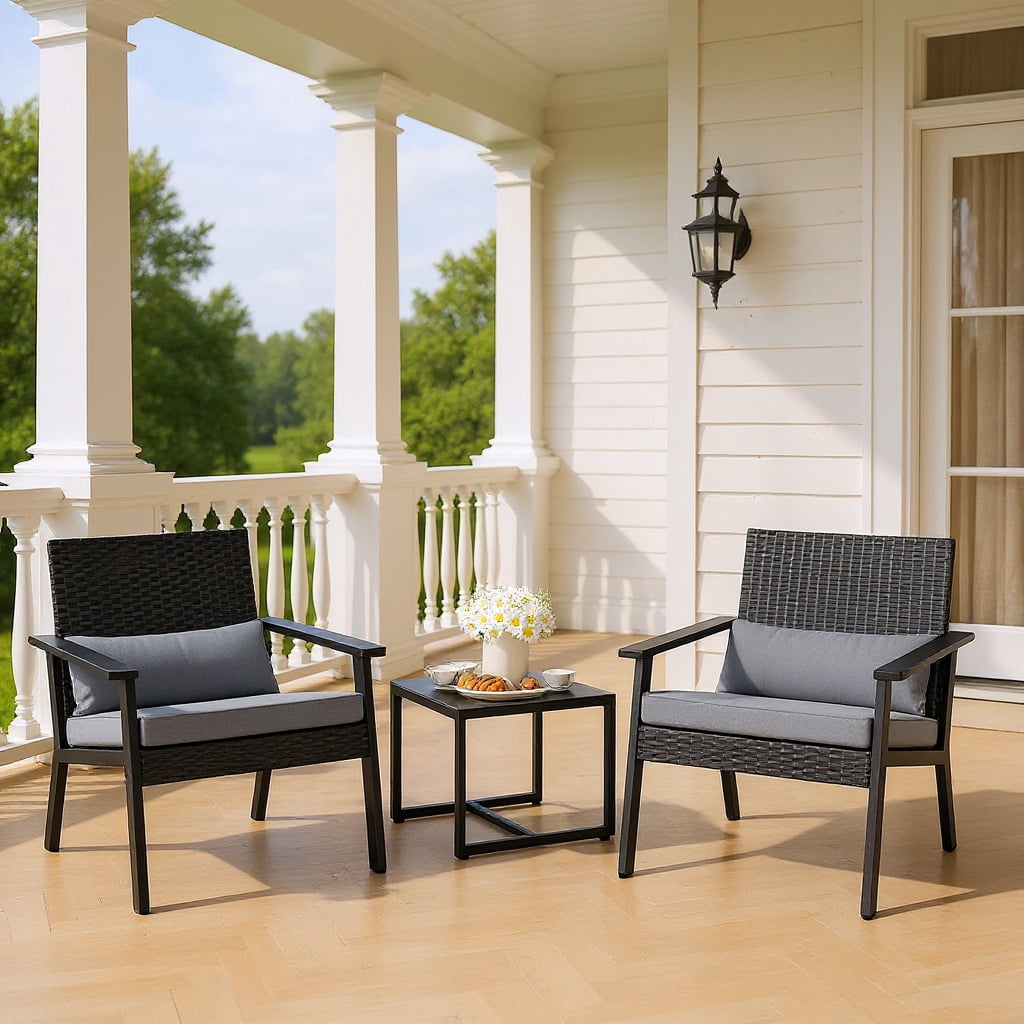 Outdoor Leisure Wicker Furnishing Pack Equipped with Clear Glass Table for Courtyard, Balcony and Entry Porch, Gray
