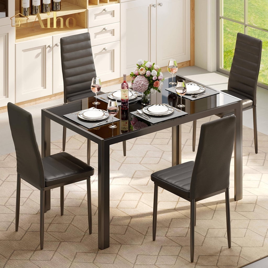 Black Glass Top Dining Set with PU Leather Chairs