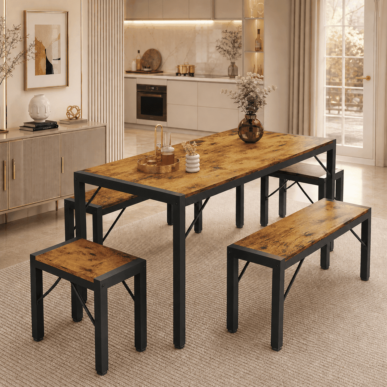 5-Piece Dining Table Set for 6, Kitchen Table with 4 Chairs & Bench, Compact Furniture for Small Space & Apartment Natural wood