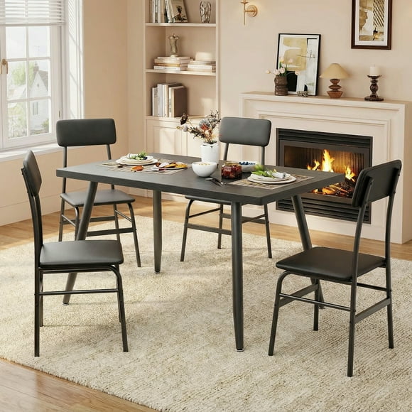 5-Piece Dining Table Set for 4, Modern Kitchen Table with 4 Chairs, Space-Saving Metal Frame & Wood Top Dining Set for Small Spaces, Apartment, Breakfast Nook - Black