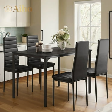 Aiho 5 Piece Modern Dining Table Set, Faux Marble Top, 4 Upholstered Chairs for Bar Dining Room Breakfast Nook - Black