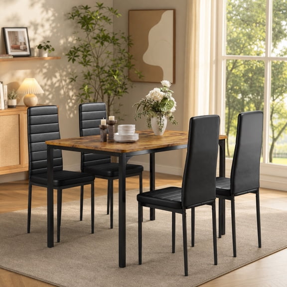 Dining Table Set for 4, 5-Piece Kitchen Table and Chairs Set, Small Space Saving Dining Table Set with 4 Upholstered Faux Leather Chairs, Sturdy Metal Frame, Retro