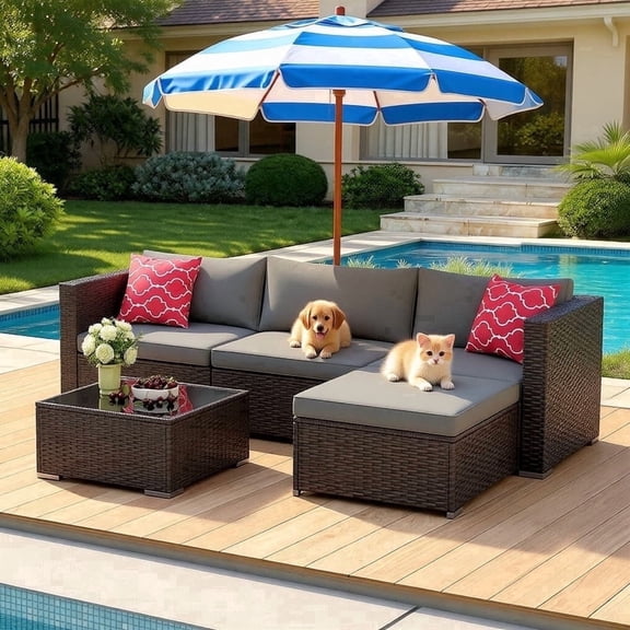 5 Pieces Patio Furniture Set, Modular Outdoor Conversation Set with Thick Cushions & Tempered Glass Table, All Weather Steel Frame Sofa Set for Backyard Garden Balcony, Gray