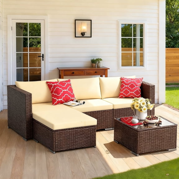 Patio Furniture Set, 5-Piece Outdoor Conversation Set with Glass Bistro Coffee Table & Pillows, Beige