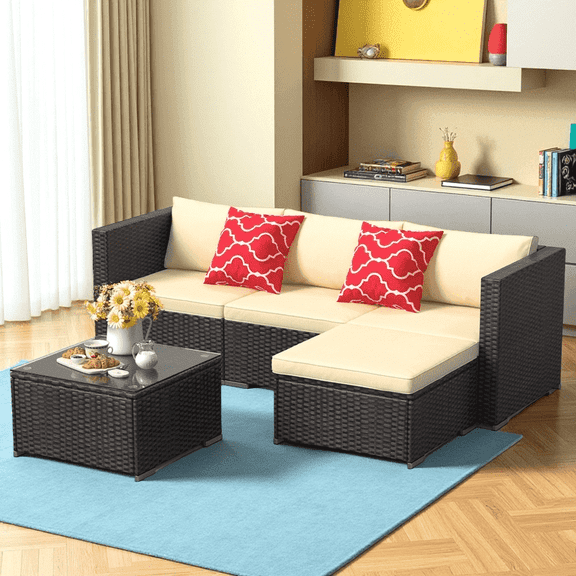 Aiho 5-Piece PE Rattan Outdoor Sectional Sofa Set, Patio Furniture with Beige Cushions