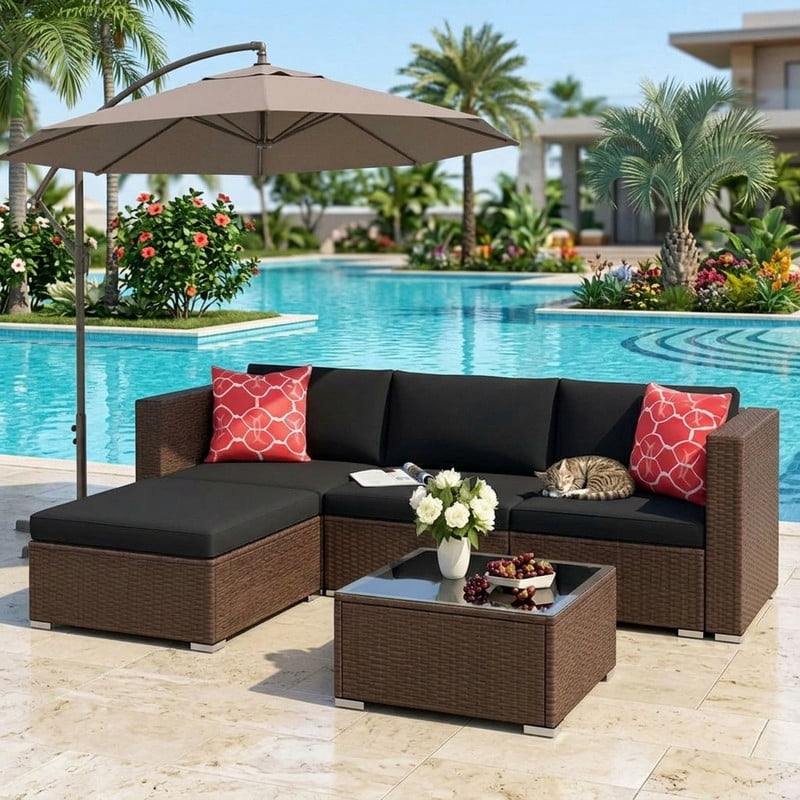 Patio Furniture Set, 5-Piece Outdoor Conversation Set with Tempered Glass Bistro Coffee Table & Plush Cushions, All-Weather PE Wicker, Rust-Resistant Metal Frame, Black