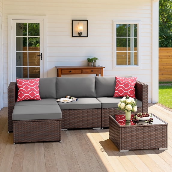 Patio Furniture Set, 5-Piece Outdoor Conversation Set with Glass Bistro Coffee Table & Pillows, Gray