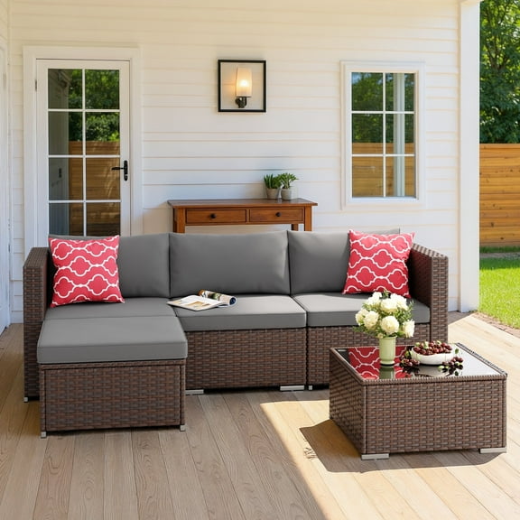 Patio Furniture Set, 5-Piece Outdoor Conversation Set with Glass Bistro Coffee Table & Pillows, Gray