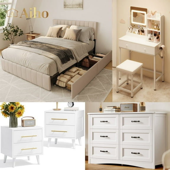 Aiho 5 Pieces Bedroom Furniture Set, Includes Queen Bed Frame with Drawers, Nightstands Set of 2, Double Wide 6-Drawer Dresser and Vanity Table Set - White