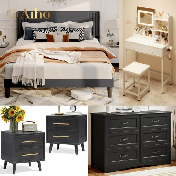 Aiho 5 Pieces Bedroom Furniture Set, Includes Queen Bed Frame, Nightstands Set of 2, Double Wide 6-Drawer Dresser and Vanity Table Set - Black
