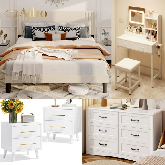 Aiho 5 Pieces Bedroom Furniture Set, Includes Queen Bed Frame, Nightstands Set of 2, Double Wide 6-Drawer Dresser and Vanity Table Set - White