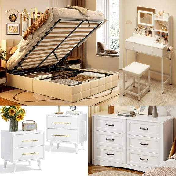 Aiho 5 Pieces Bedroom Furniture Set, Includes Queen Lift Up Storage Bed, Nightstands Set of 2, Double Wide 6-Drawer Dresser and Vanity Table Set - White