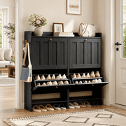 Aiho Shoe Storage Cabinet with 4 Flip Drawers and with Open Storage, MDF Wood Narrow Shoe Cabinet, For Foyer, Hallway, Porch, Living Room, Balcony, Bedroom-Black