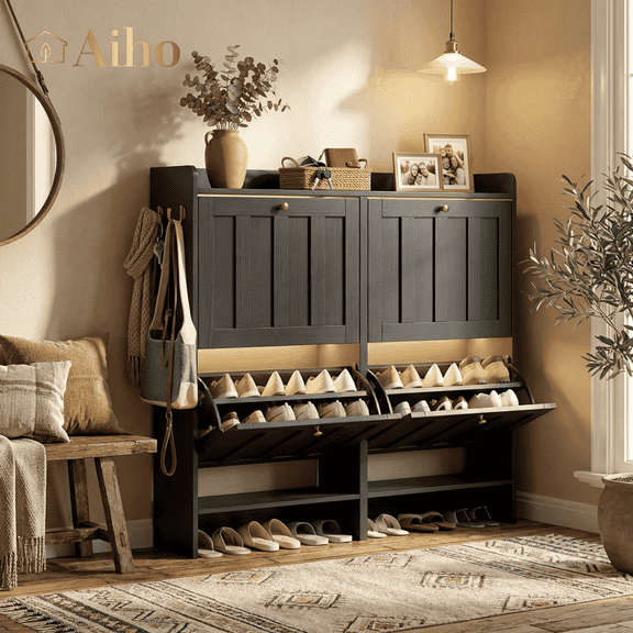 Aiho Shoe Storage Cabinet with 4 Flip Drawers and with Open Storage, MDF Wood Narrow Shoe Cabinet, For Foyer, Hallway, Porch, Living Room, Balcony, Bedroom-Black