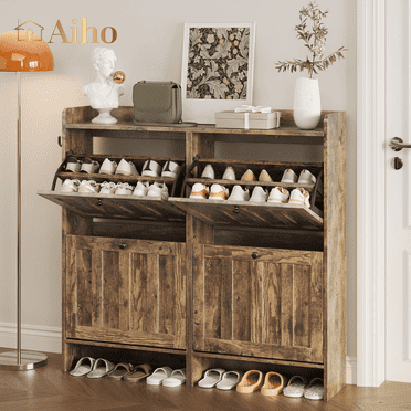 Aiho Shoe Storage Cabinet with 4 Flip Drawers and with Open Storage, MDF Wood Narrow Shoe Cabinet, For Foyer, Hallway, Porch, Living Room, Balcony, Bedroom-Retro