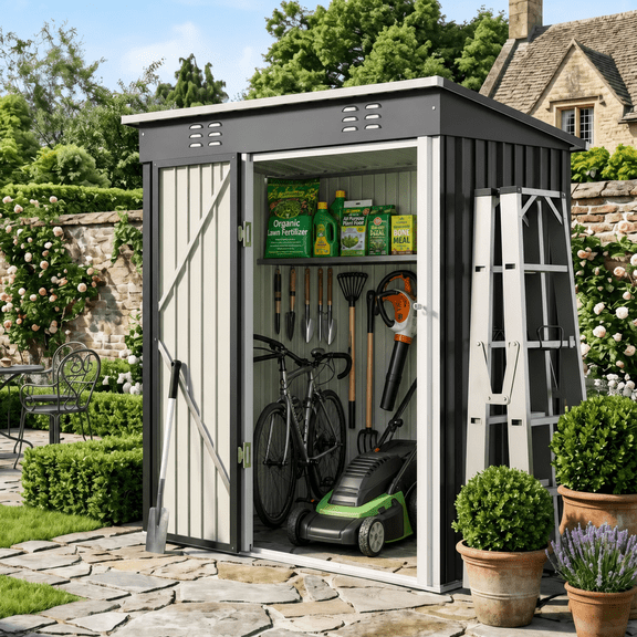 Aiho 5 x 3 FT Outdoor Storage Shed, Metal Garden Tool Shed with Lockable Doors, for Outsides,Yard, Backyard Patio, Lawn - Dark Gray