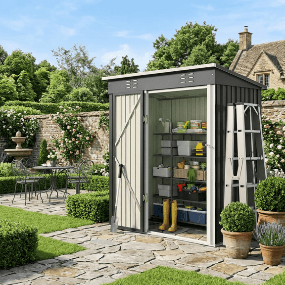 5x3 ft Outdoor Storage Shed, Sheds & Outdoor Storage with Lockable Doors, Metal Garden Shed by Durable Galvanized Steel for Backyard Patio, Lawn - Dark Gray