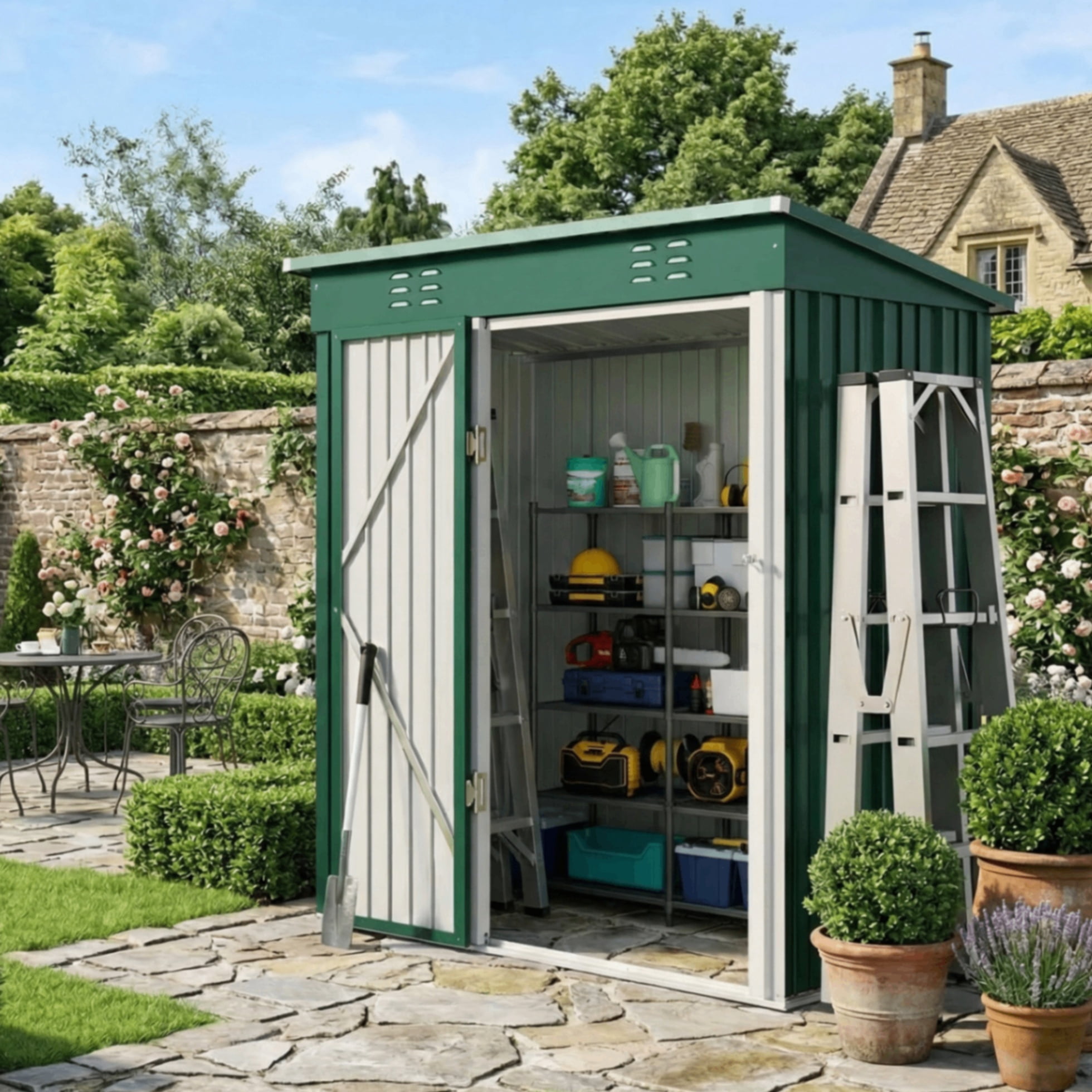 Aiho 5'x3' Outdoor Shed, Single Lockable Door, Galvanized Metal
