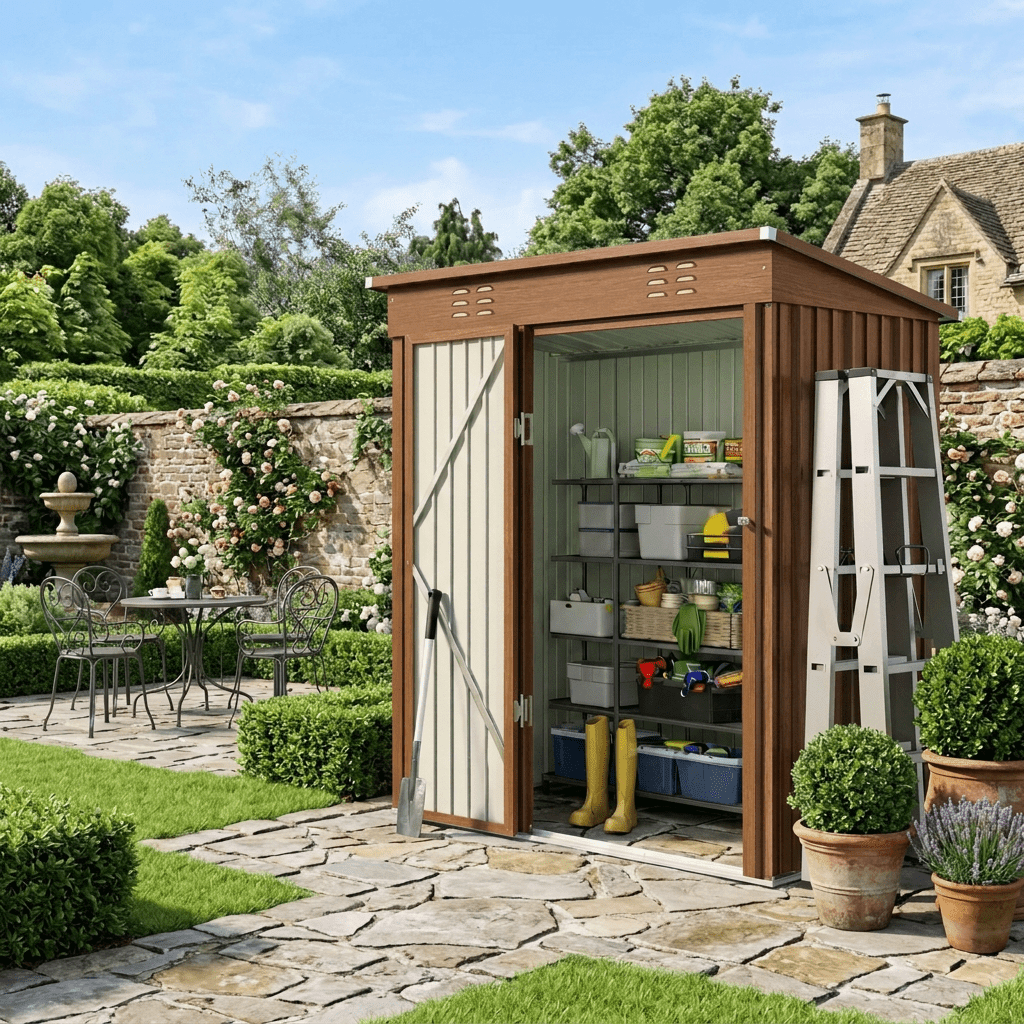5x3 ft Outdoor Storage Shed, Metal Garden Tool Shed with Lockable Doors, for Outsides,Yard, Backyard Patio, Lawn - Brown