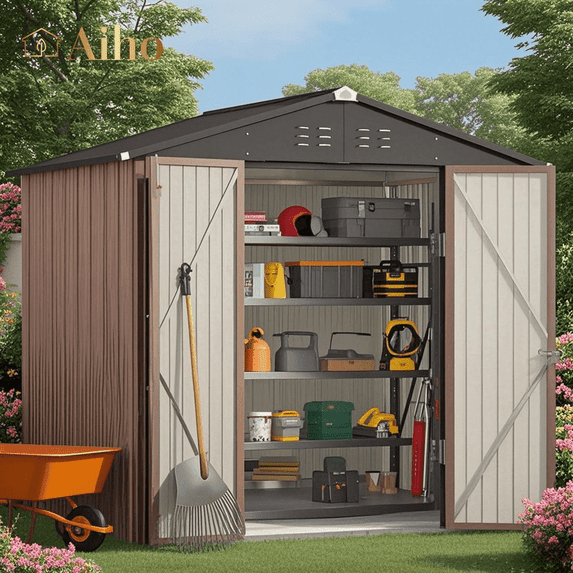 8x6 ft Outdoor Storage Shed on Sale, Sheds & Outdoor Storage with Lockable Doors, Metal Garden Shed by Durable Galvanized Steel for Patio, Lawn - Light Brown