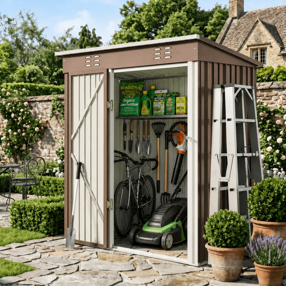 Aiho 5 x 3 FT Outdoor Storage Shed, Metal Garden Tool Shed with Lockable Doors, for Outsides,Yard, Backyard Patio, Lawn - Brown