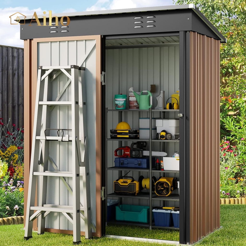 5' x 3' Outdoor Storage Shed with Lockable Door, Aiho Metal Garden Shed ...