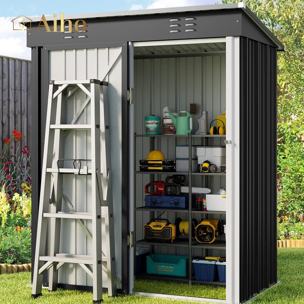 Gray Galvanized Steel Garden Shed with Sloping Roof & Lockable Door