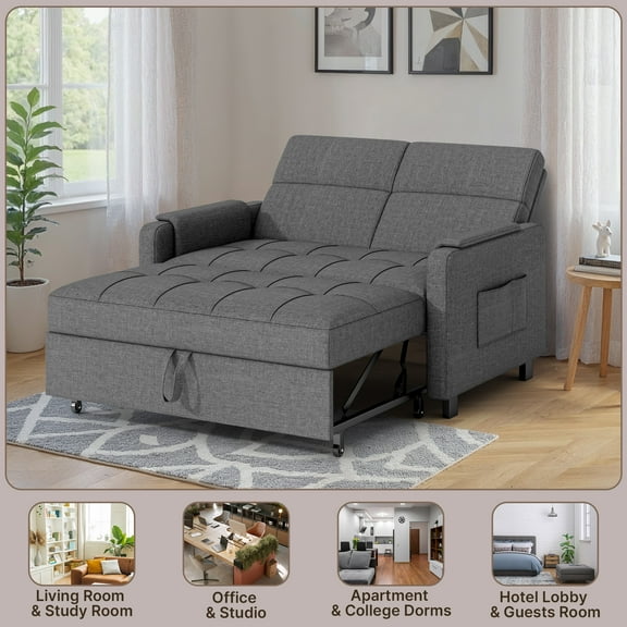 Aiho 51.2" 3-in-1 Convertible Loveseat Sleeper: Pull-Out Futon Sofa Bed with Adjustable Backrest & Side Pocket for Living Room, Office, Apartment - Dark Grey