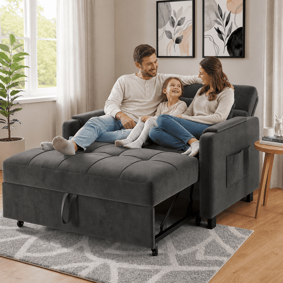 51.2" 3-in-1 Convertible Loveseat Sleeper: Pull-Out Futon Sofa Bed with Adjustable Backrest & Side Pocket for Living Room, Office, Apartment - Dark Grey