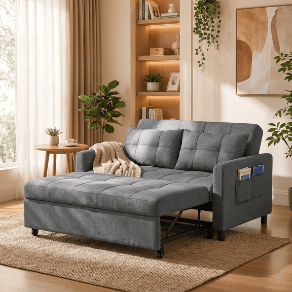 53.2" 3-in-1 Convertible Futon Sofa Bed–Pull-Out Loveseat Sleeper with Adjustable Backrest, Side Organizer Pocket, Linen Fabric for Living Room – Dark Grey