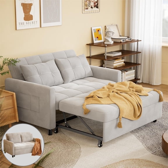53.2" 3-in-1 Convertible Futon Sofa Bed–Pull-Out Loveseat Sleeper with Adjustable Backrest, Side Organizer Pocket, Linen Fabric for Living Room – Light Grey