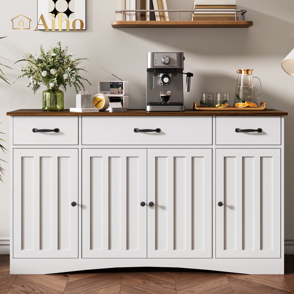 Aiho 55" L Kitchen Storage Cabinet, Coffee Bar Cabinet with Adjustable Shelves & Doors & Drawers, Sideboard Buffet Cabinet for Kitchen, Dining Room - Brown