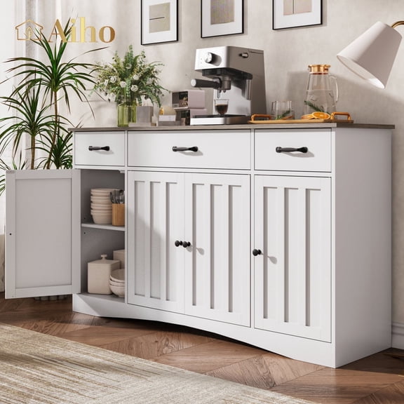 Aiho 55" L Kitchen Storage Cabinet, Coffee Bar Cabinet with Adjustable Shelves & Doors & Drawers, Sideboard Buffet Cabinet for Kitchen, Dining Room - Gray