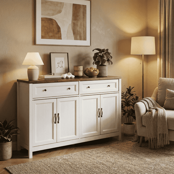 Aiho 55"W Coffee Bar Storage Cabinet, Farmhouse Sideboard with 2 Drawers & 4 Doors, Retro Desktop