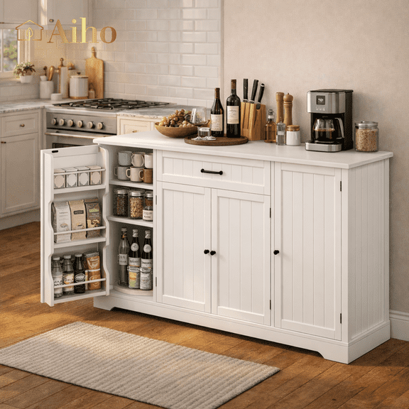 Aiho 56" Kitchen Sideboard Buffet Cabinet, Farmhouse Coffee Bar Cabinet with 4 Doors & 11 Shelves, White