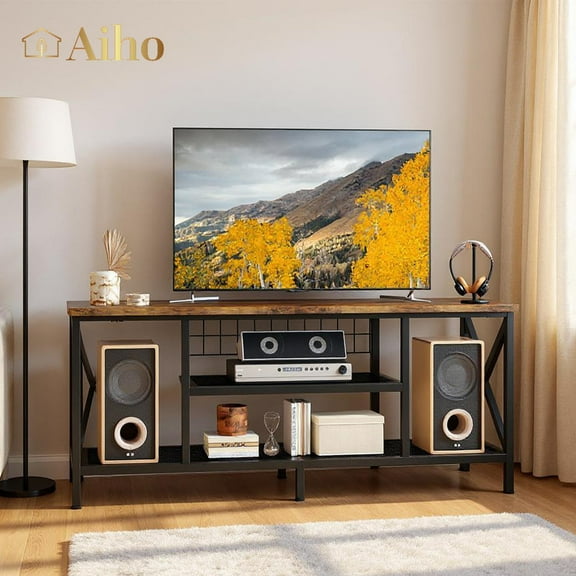 Aiho 59.8 "L TV Stand for TVs up to 65", 65 inch TV stand with Storage Shelves for Living Room - Rustic Brown