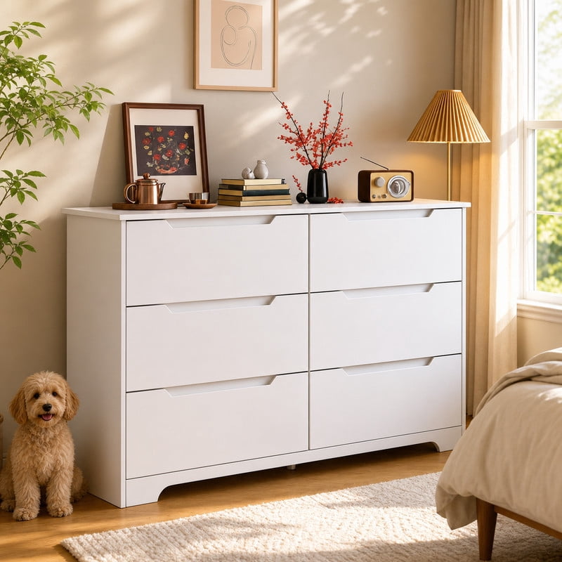 6-Drawer Double Dresser for Bedroom, Modern Wood Chest of Drawers with Large Storage, Smooth Metal Glides & Anti-Tip Safety, White
