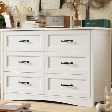 Aiho 6-Drawer Chest of Drawers for Bedroom, Wooden Bedroom Drawer Dresser with 6 Storage Drawers for Bedroom, Living Room, Hallway, Office - White