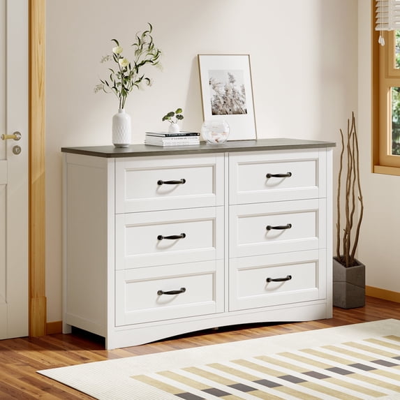 Aiho 6-Drawer Chest of Drawers for Bedroom, Wooden Bedroom Drawer Dresser with 6 Storage Drawers for Bedroom, Living Room, Hallway, Office - Grey Tabletop