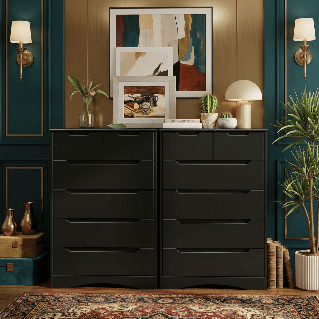 Aiho 6 Drawer Dresser, Black Wood Storage Cabinet with Cutout Handles for Bedroom