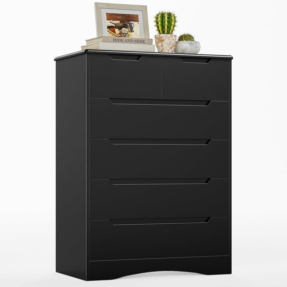 Aiho 6 Drawer Dresser, Black Wood Storage Cabinet with Cutout Handles for Bedroom