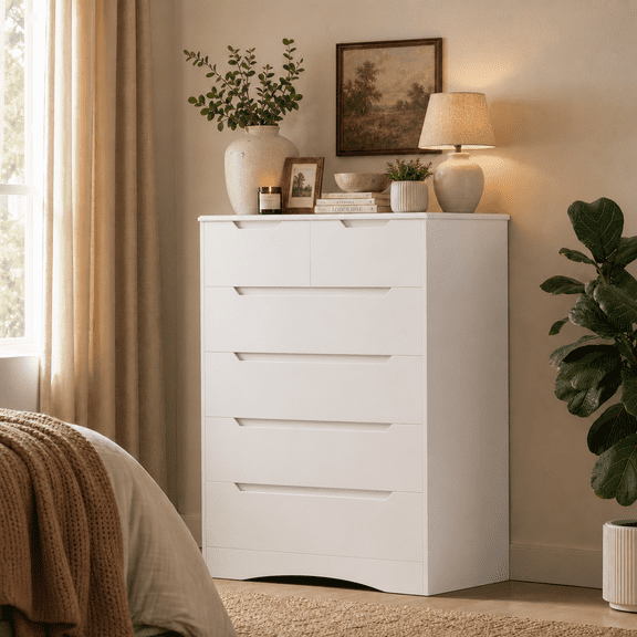 Aiho 6 Drawer Dresser,White Wood Storage Cabinet with Cutout Handles for Bedroom