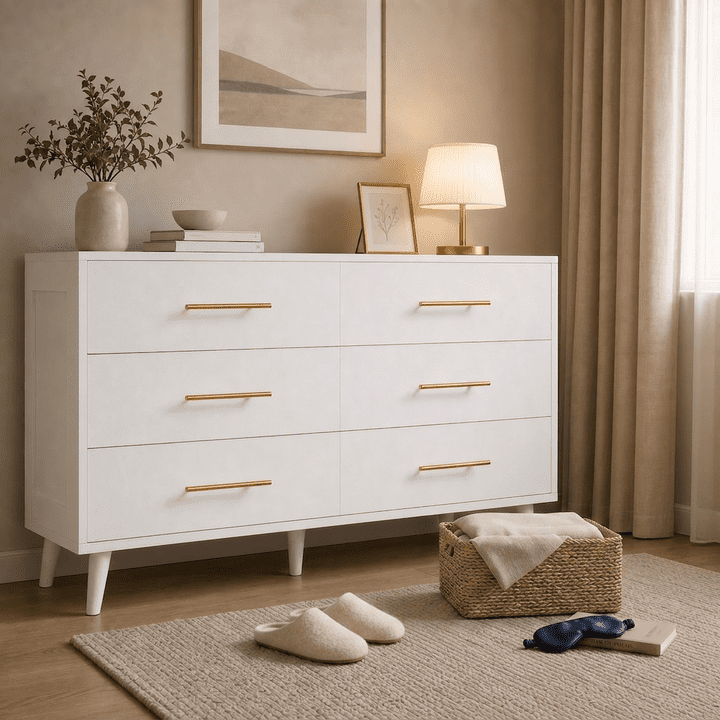 Aiho 6 Drawer Dresser, Wide Chest of Drawers Nightstand Storage Tower Storage Wooden Dresser for Living Room, Bedroom, Hallway - White