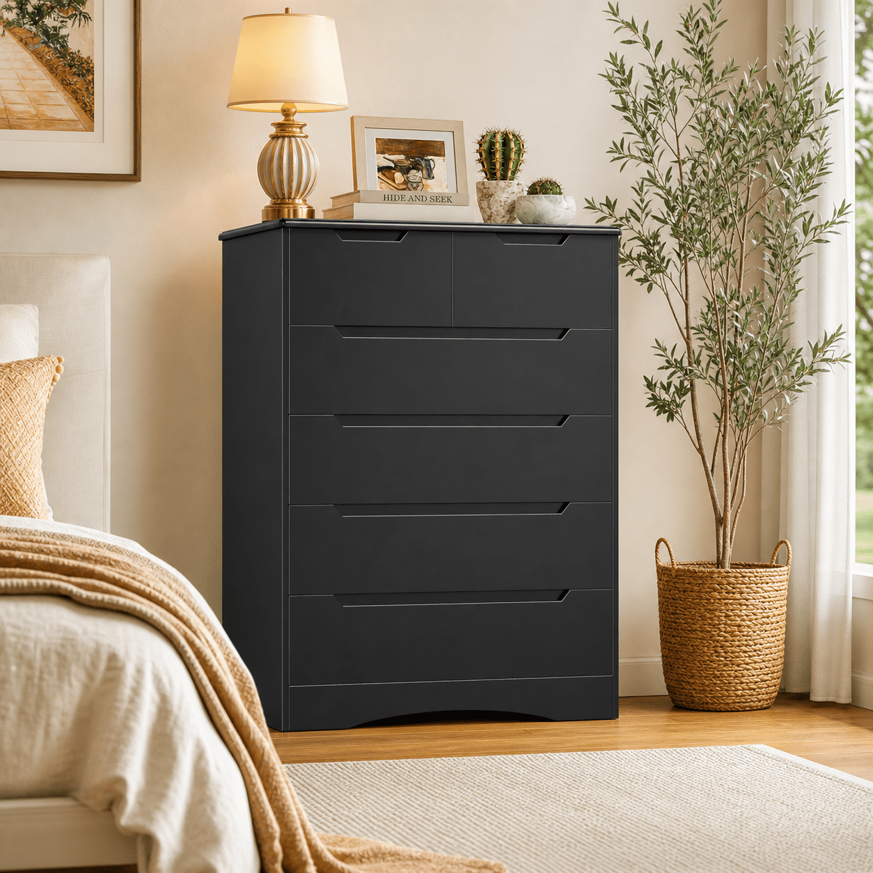 Aiho 6-Drawer Dresser for Bedroom, Wood Drawer Chest Storage Cabinet for Living Room, Hallway, Entryway, Home Office - Black