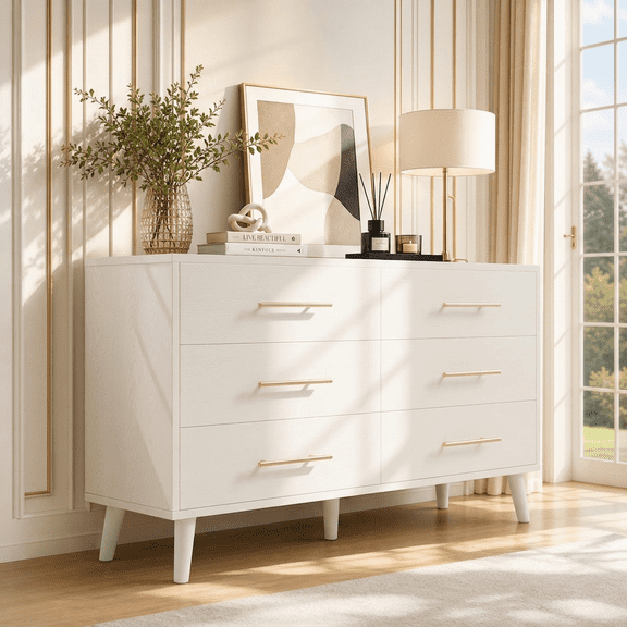 Aiho 6-Drawer Dresser for Bedroom, Wood Drawer Chest Storage Cabinet for Living Room, Hallway, Entryway, Home Office - White