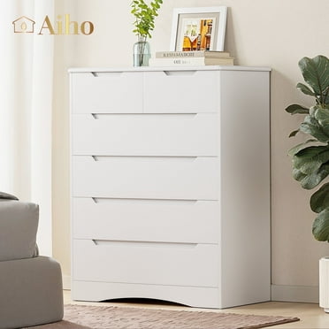 Aiho 6 Drawer Dresser with Cutout Handles, Wood Storage Cabinet for Bedroom, White