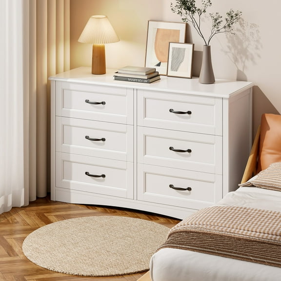47" Large Dresser with 6 Drawers & Metal Handles - Solid Wood Chest for Bedroom, Kids Room, Living Room, Entryway, White