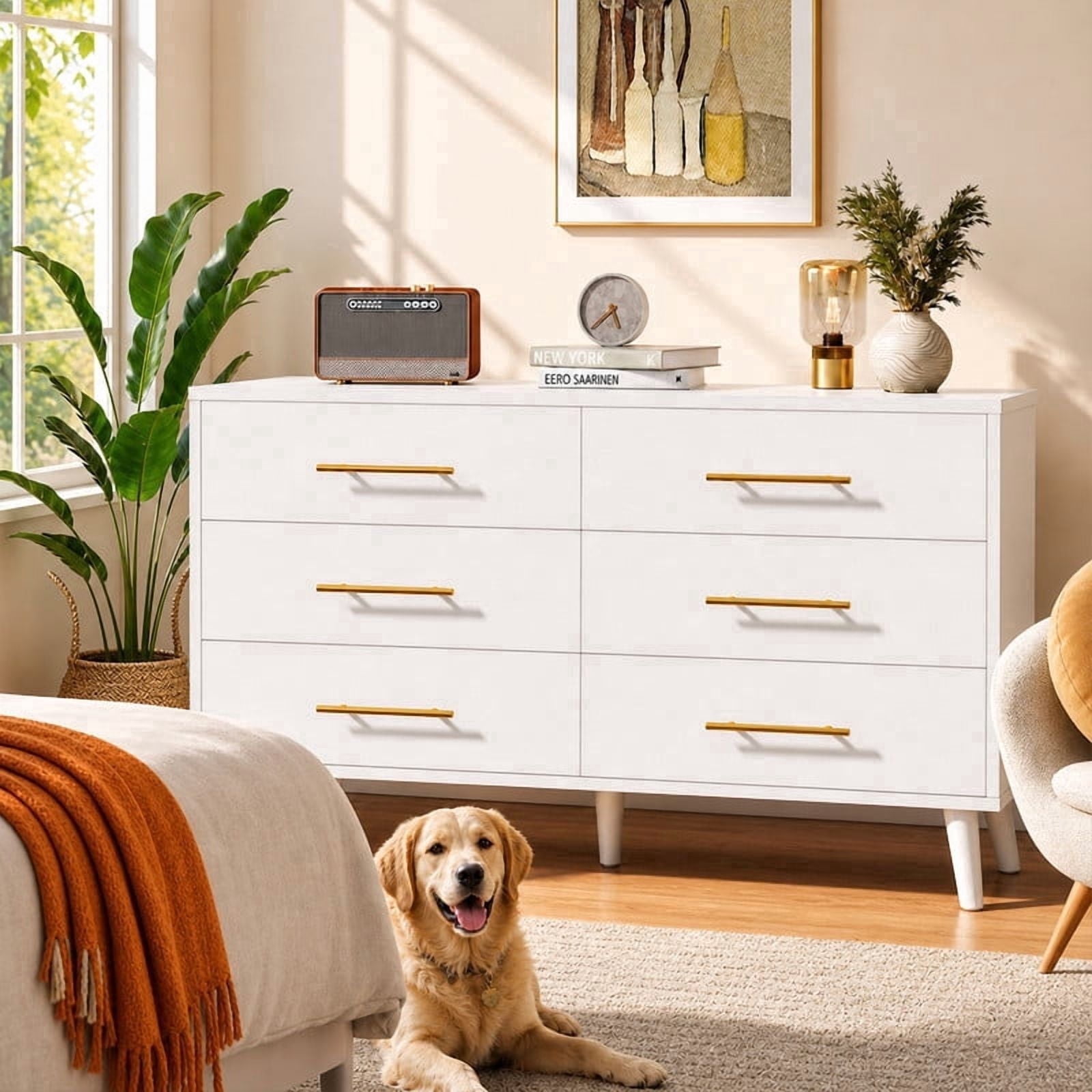 solid white wood dresser WLIVE Wide 6-Drawer Mid-century Streamlined silhouette White 6-Drawer Dresser | Retail