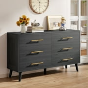 Aiho 6 Drawer Wood Dressers, Wide Chest of Drawers with Gold Handles,Black